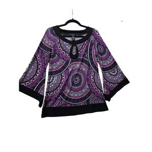 GNW Womens Purple Medallion Print Keyhole Bell Sleeve Top Large 3TY668H51300